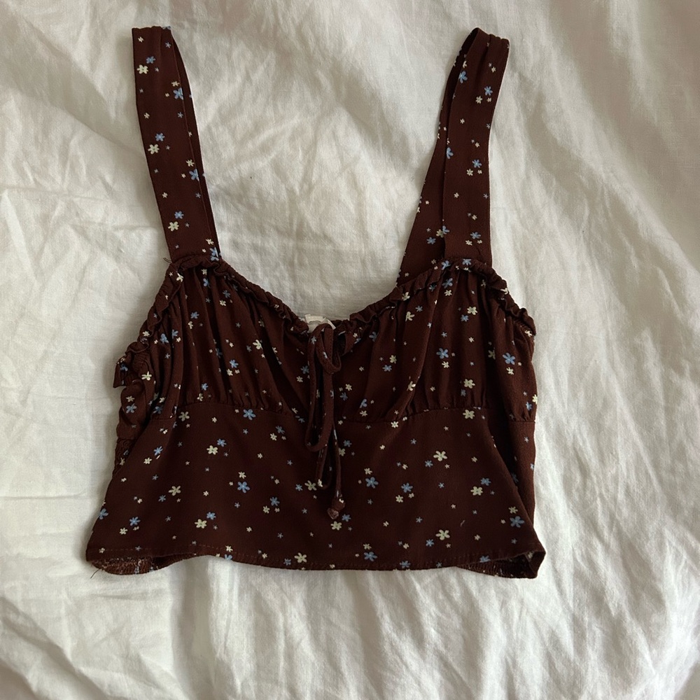 pacsun/la hearts brown crop top with yellow and blue flowers